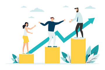 Employees giving hands and helping colleagues to walk upstairs. Team giving support, growing together. Vector illustration for teamwork, mentorship, cooperation concept.