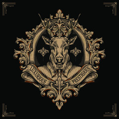 Luxurious and prestigious, an illustration of a deer with a shirt on a heritage frame with ornament