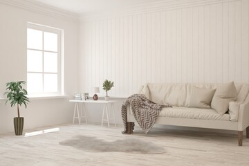 White living room with sofa. Scandinavian interior design. 3D illustration