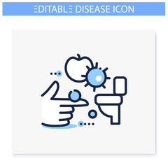 Fecal-oral spread line icon. Disease spreading concept. Covid19, foodborne bacterial infection, rotavirus transmission. Contagious toilet. Food hygiene. Isolated vector illustration. Editable stroke 