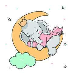 Cute baby elephant, sleeping on the moon among the stars vector illustration.