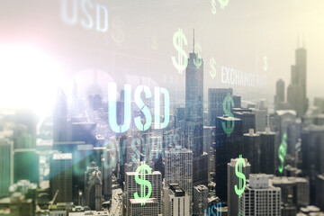 Fototapeta na wymiar Virtual USD symbols illustration on Chicago skyline background. Trading and currency concept. Multiexposure