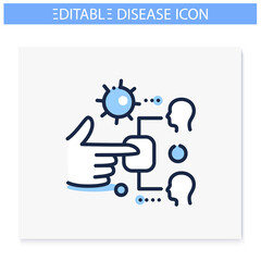 Infection through surface line icon. Disease spreading concept. Covid19, virus disease, influenza transmission. Infection spread, contagious public place. Isolated vector illustration.Editable stroke 