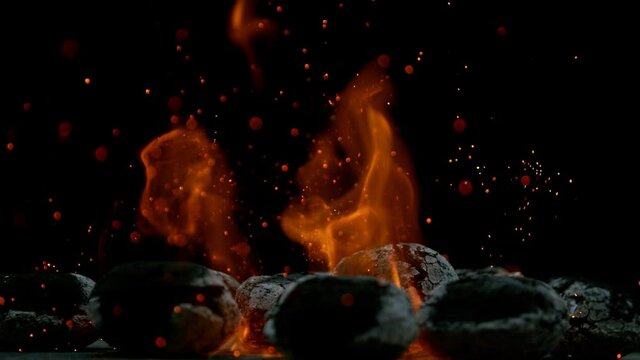 Black Charcoal in Bonfire, Super Slow Motion Shooting on High Speed Cinema Camera at 1000fps