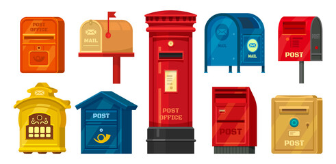 Set of isolated retro mailbox or vintage post box