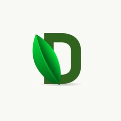 D letter eco logo with leaf. Vector font for nature posters, eco friendly emblem, vegan identity, herbal and botanical cards etc.