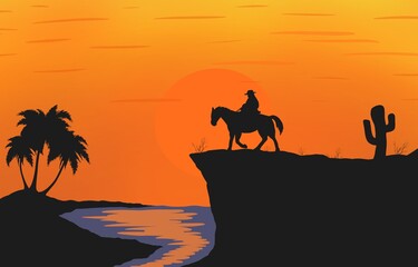 Fototapeta na wymiar a cowboy on a horse in the sunset