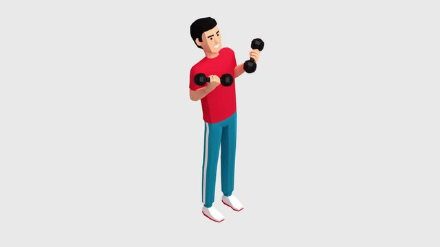 Biceps exercise with dumbbells. Man workout muscle training. 3d isometric animation with alpha channel.