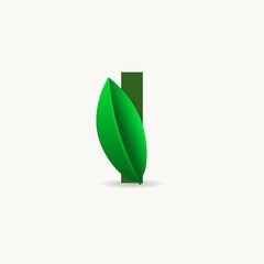 I letter eco logo with leaf. Vector font for nature posters, eco friendly emblem, vegan identity, herbal and botanical cards etc.