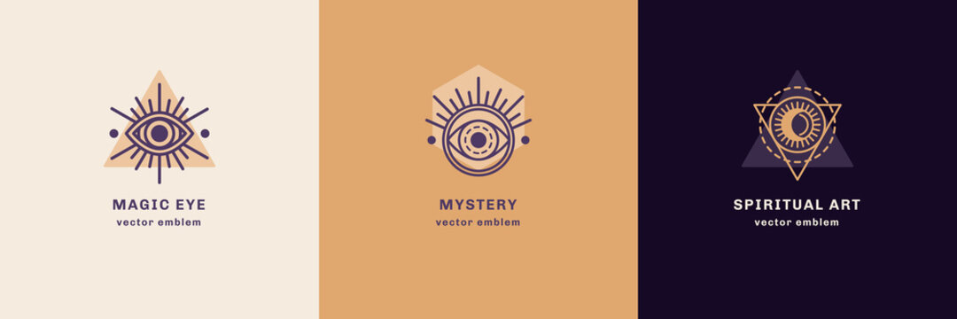 Eye, Sun and Moon abstract logo set, branding design template, trendy line art minimal style. Vector illustration. Geometric Alchemy Symbol, Occult and Mystic Sign. Secret society Symbol.