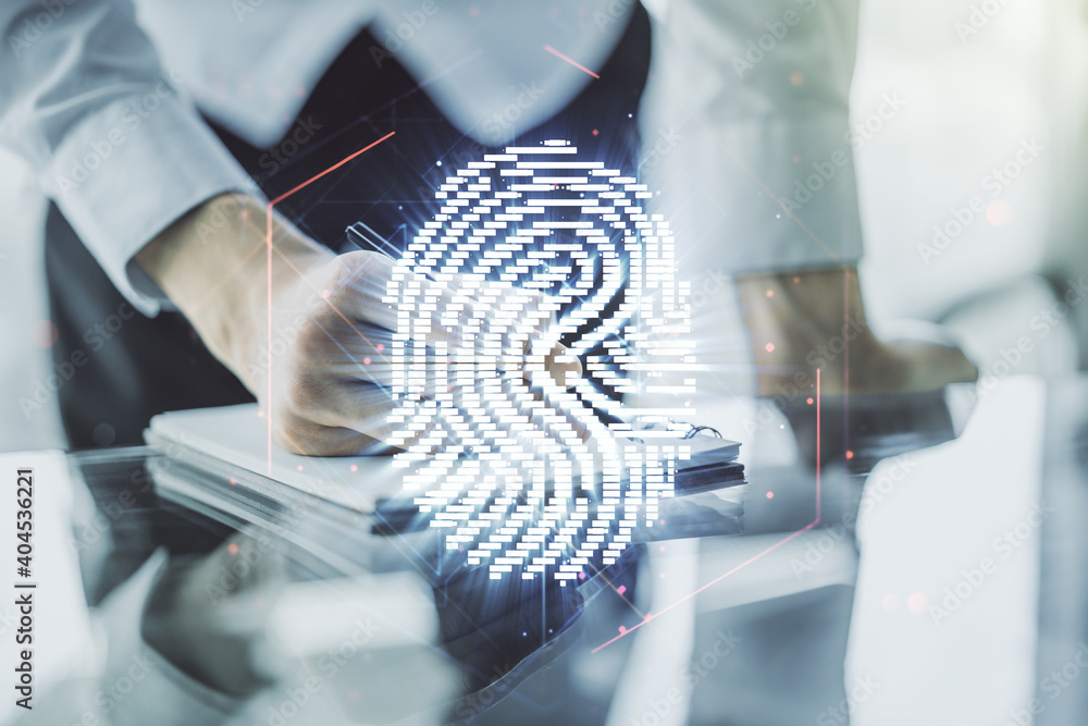 Poster multi exposure of creative fingerprint hologram with man hand writing in notebook on background, per
