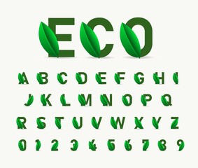 Ecology alphabet, number set with leaf. Vector font for nature posters, eco friendly emblem, vegan identity, herbal and botanical cards etc.