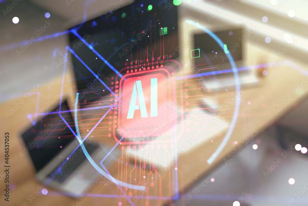 Aufkleber double exposure of creative artificial intelligence abbreviation and modern desk with computer on ba