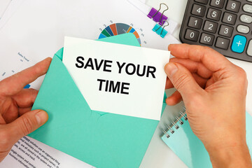 The businessman takes out a card from the envelope with the text SAVE YOUR TIME