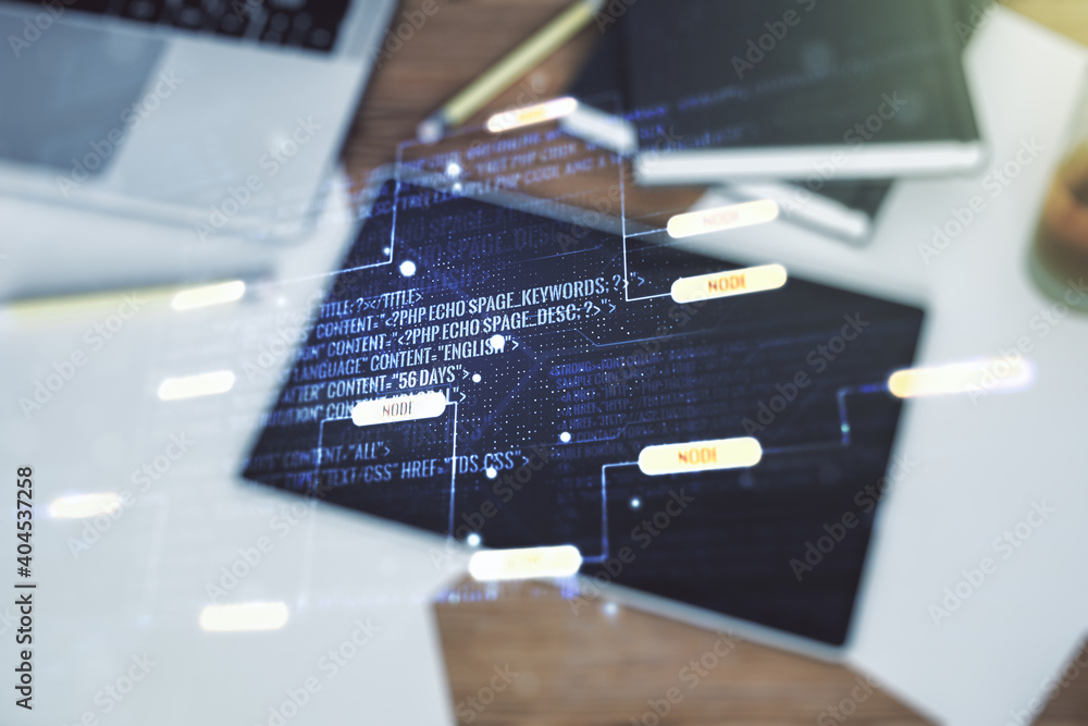 Aufkleber double exposure of abstract programming language hologram and digital tablet on background, top view