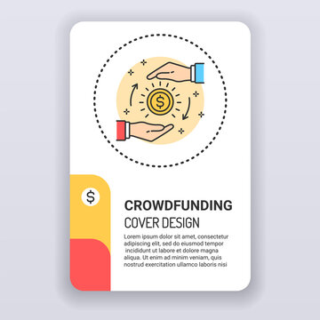Crowdfunding brochure template. Investment cover design. Print design with linear illustration cartoon character on a white background
