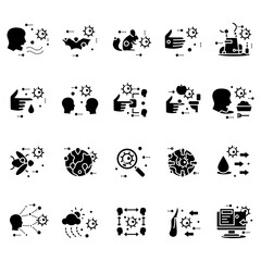 Disease spread concept glyph icons set. Covid19, influenza, rotavirus, bacterial infection transmission. Virus outbreak ways filled flat signs collection. Isolated silhouette vector illustrations