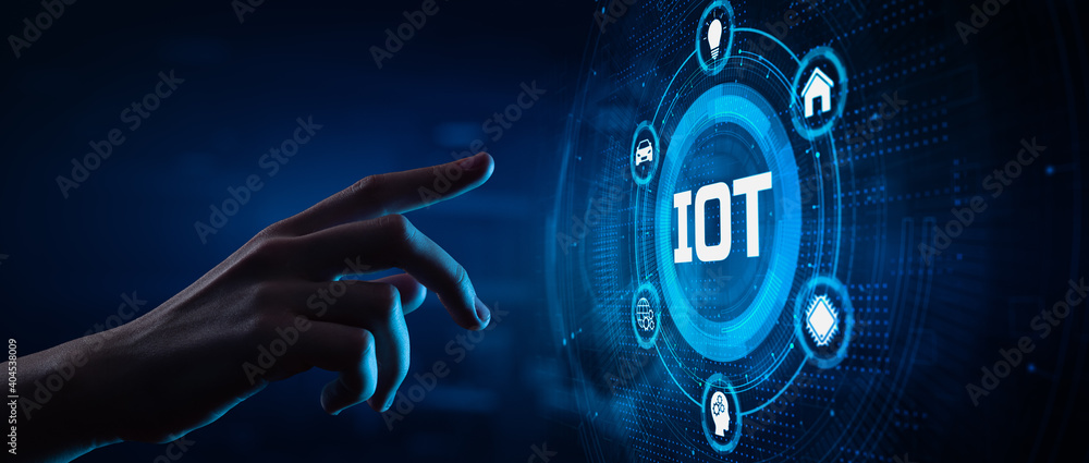 Poster iot internet of things wireless technology concept. hand pressing button on screen.