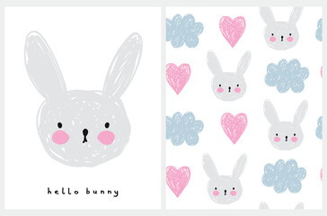 Hello Bunny. Lovely Nursery Art and Seamless Vector Pattern with Hand Drawn Clouds, Bunny and Hearts Isolated on a White Background. Cute Illustration ideal for Kids Room Decoration, Wall Art, Card.