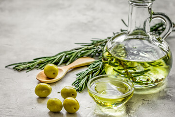 Bottle with olive oil and herbs on stone background mockup
