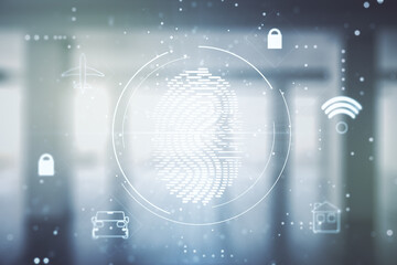 Obraz premium Multi exposure of virtual creative fingerprint hologram on empty corporate office background, personal biometric data concept