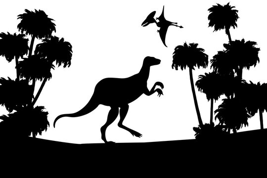 Landscape silhouettes with dinosaurs. Cut file on white background