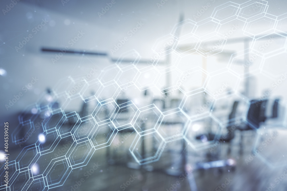 Aufkleber double exposure of abstract virtual technology hologram with hexagon on modern corporate office back