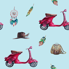 Watercolor hand painted seamless pattern with purple vintage scooter, dream catcher, feathers, brown leather backpack and hat with feathers in boho style on light blue background.