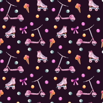 Watercolor hand painted seamless pattern with pink scooter, skates, ice cream and bubbles on dark background. Perfect for fabric, wrapping paper or scrapbooking.
