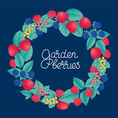 Frame made of stylized garden berries strawberries, raspberries, blackberries, white and red currants with leaves arranged in a circle. Inside is lettering 