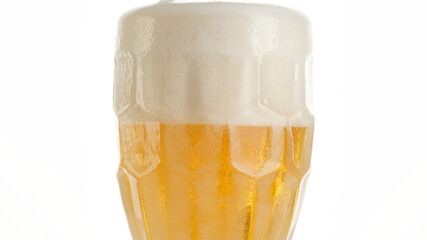 glass of beer with foam on white background