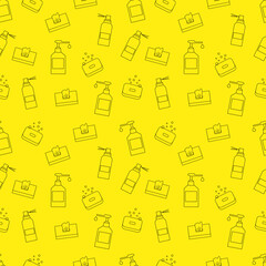 Pattern of cleaning things for washing hands on yellow background. Prevention coronavirus by sanitizing. Vector line illustration. 