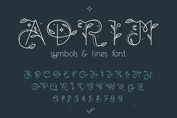 Alphabet and numbers set with graceful with moon, stars and leaves decoration.