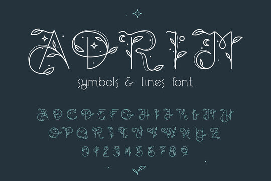 Alphabet and numbers set with graceful with moon, stars and leaves decoration.