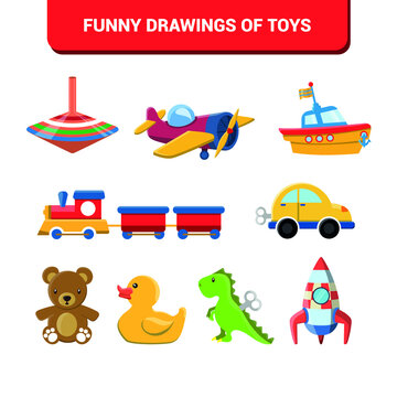 Vector image. Children's toys drawings. Toy with a spinning top, dinosaur, teddy bear, ship, car, plane, rocket, rubber duck and a train. Nice drawings for children.