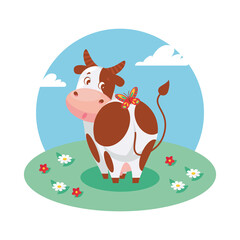 A cute funny cow stands backwards on the grass, looks around and sees a butterfly. Vector illustration isolated on white, cartoon character, postcard, poster, packaging design.