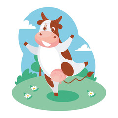 Happy funny cow jumping on the grass and smiling. Vector illustration isolated on white, cartoon character, postcard, poster, packaging design.