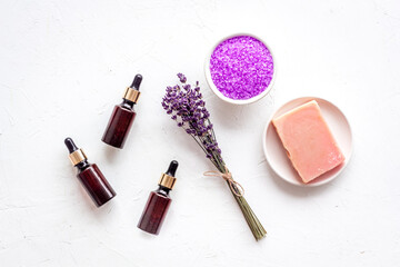 Fototapeta na wymiar Aromatherapy wellness background with lavender cosmetics