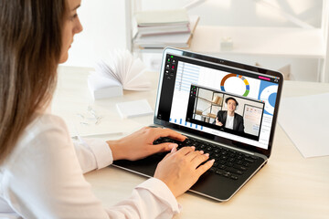 Video chat. Remote education. Distance learning. Virtual class. Female student watching online...