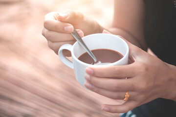 Warming up with coffee on rainy days, hot coffee in the morning.