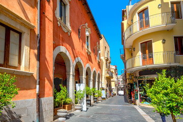 Cityscape with main street Corso Umberto . Taormina, Sicily, Italy