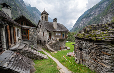 Stone buildings in hamlet of Foroglia in Maggia Valley of Ticino, Switzerland