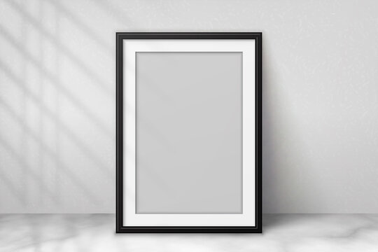 Mockup black frame photo on wall. Mock up artwork picture framed. Vertical boarder with shadow. Empty board photoframe a4. Modern stylish 3d border. Design prints poster, blank, painting image. Vector