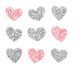 Set vector of hearts for Valentine's Day. The heart consists of doodles, thin black and red outlines.