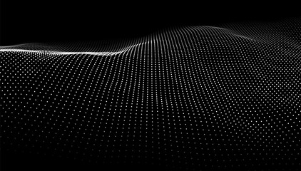 Wave of white particles. Abstract technology flow background. Sound mesh pattern or grid landscape. Digital data structure consist dot elements. Future vector illustration.