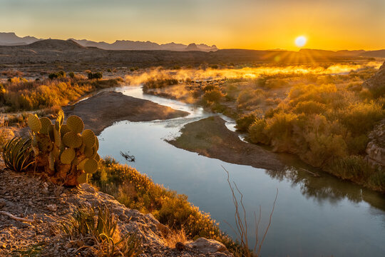 A prickly pear cactus and the sun rising over distance mountains and a river meandering below, Rio Grande River, Big Bend National Park, Texas