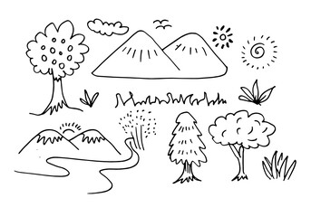 Hand drawn Mountains sketch with forest, road, sun, grass and clouds.vector illustration.