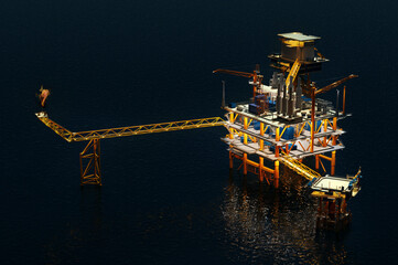 Top high angle view oil rig building on the sea in night time , 3D rendering picture. 