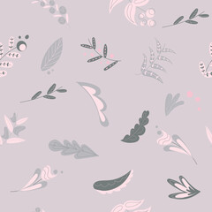 Pattern with flowers and plants in delicate colors. Seamless baby pattern
