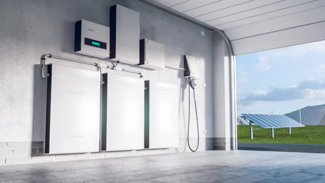 Concept of a home energy storage system based on a lithium ion battery pack situated in a modern garage with  view on a vast landscape with solar power plant and wind turbine farm. 3d rendering clip.